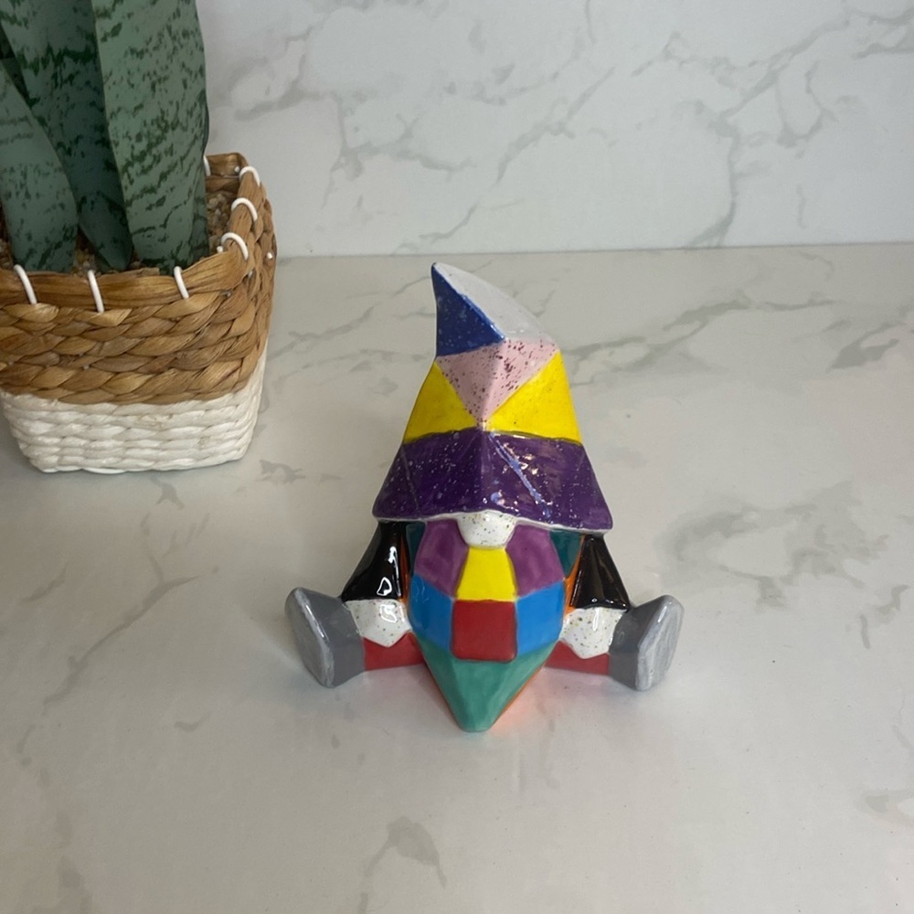 Fun Colorful Bright Geometric Colored Gnome Statue Ceramic Elf Colorblock